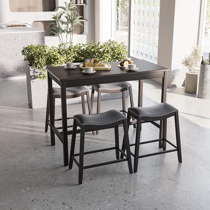 Giantex Dining Table Set for 4, Kitchen Counter Height Table w/ 4 Stools, 5 Piece Bistro Table Set, Rubber Wood Pub Dinette Set w/Upholstered Stools, Space-Saving Table Set for Small Spaces (Black)