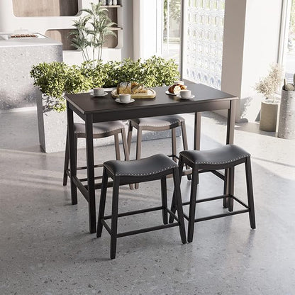 Giantex Dining Table Set for 4, Kitchen Counter Height Table w/ 4 Stools, 5 Piece Bistro Table Set, Rubber Wood Pub Dinette Set w/Upholstered Stools, Space-Saving Table Set for Small Spaces (Black)