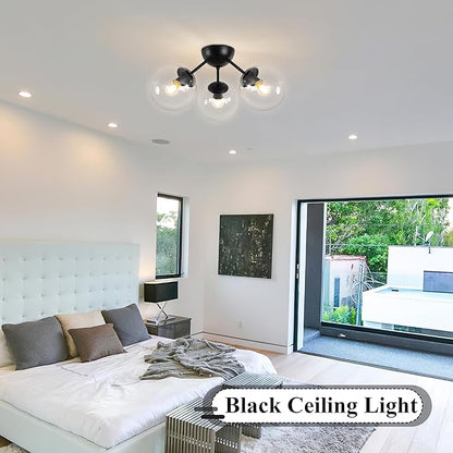 Bagood Mid-Century Modern Semi Flush Mount Ceiling Light 3 Lights Clear Glass Modern Globe Ceiling Light Matte Black Sputnik Chandeliers for Hallway Entryway Kitchen Bedroom Laundry(Bulb Incl.)
