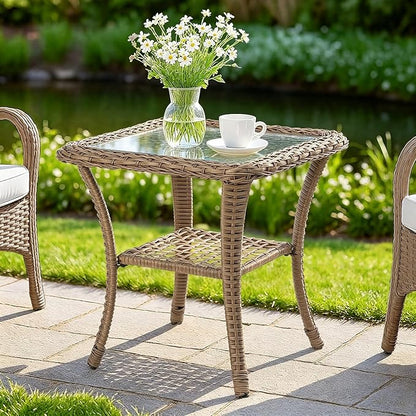 MEETWARM Wicker Outdoor Side Table, All-Weather Patio Rattan Side Table with Tempered Glass Top and Storage Shelf, Small Patio End Table for Outside Indoor Poolside Deck Garden, Brown