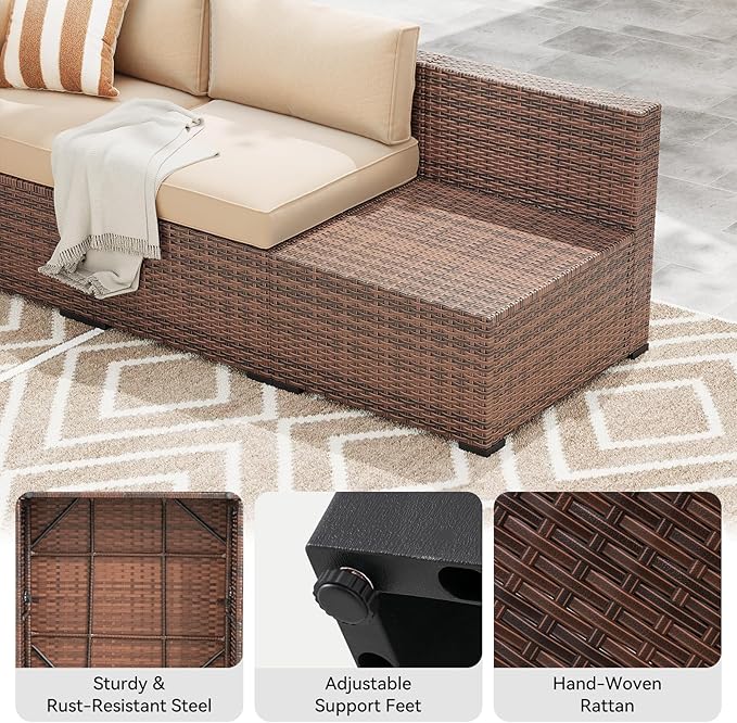 LazySunsets 8-Piece Patio Furniture Set with 44" Fire Pit Table, Wicker Outdoor Furniture, Patio Conversation Sets with Coffee Table, Outdoor Sectional Couch with Waterproof Cover, Beige