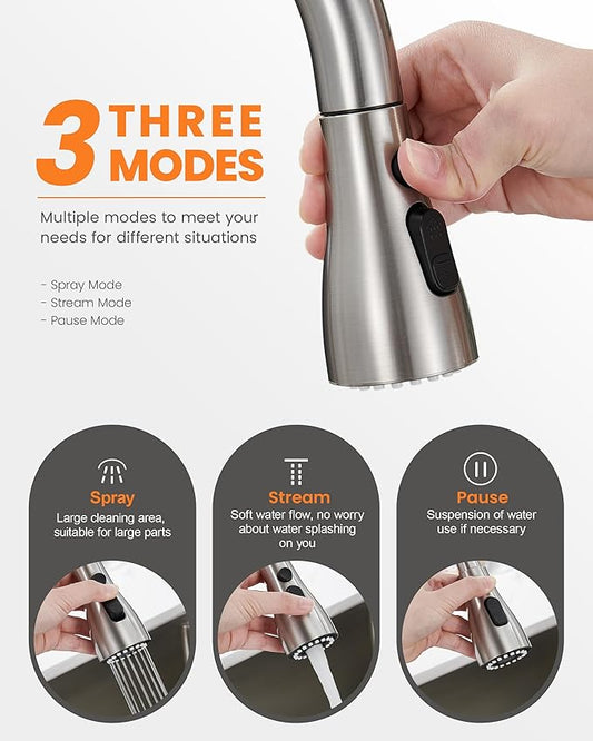 TIORIY 3 Hole Kitchen Faucet with Pull Down Sprayer, Brushed Nickel, Double Handle High Arc Faucet for Kitchen Sink with 3 Mode Spray, Stainless Steel, T-3005BN