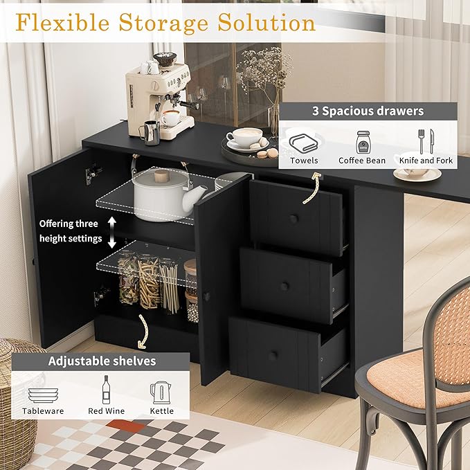 JIJIWANG 89.7'' Wooden Sideboard with Extendable Table,Multifunctional Storage Kitchen Island with 2 Doors and 3 Drawers,for Living Room,Study,Foyer and Kitchen, Black