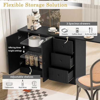 JIJIWANG 89.7'' Wooden Sideboard with Extendable Table,Multifunctional Storage Kitchen Island with 2 Doors and 3 Drawers,for Living Room,Study,Foyer and Kitchen, Black