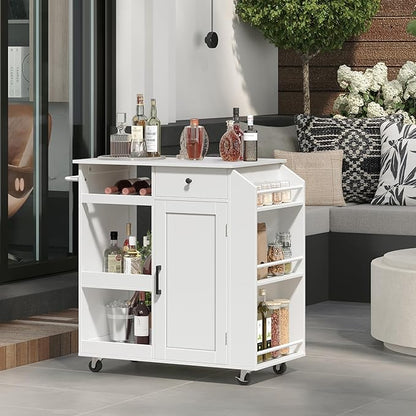 MAHANCRIS Kitchen Island with Power Outlet, Kitchen Storage Island with Drawer, Rolling Kitchen Cart on Wheels, Spice Rack, Towel Rack, Wine Rack, for Dining Room, White KIWT122E01