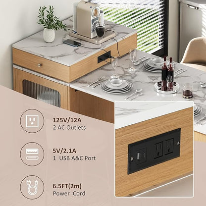 Domesto 59.5" Kitchen Island with Extendable Dining Table,Kitchen Storage Table with Double-Sided Storage, Kitchens Island with 2 Drawers, Power Outlet, Side Open Shelves (Naturl)