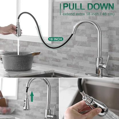 VOTON Kitchen Faucet with Pull Down Sprayer, Chrome Kitchen Faucets Modern Single Handle High Arc Pull Out Kitchen Sink Faucet 1 or 3 Hole, Faucet for Farmhouse Camper Rv Kitchen Bar Laundry