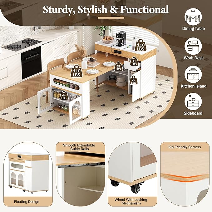 73.8''Kitchen Island with Extendable Dining Table for 4-6 Rolling Kitchen Island w/ Power Outlet | Multiple Storage Space Mobile Folding Storage Cart w/ Brake Lock for Dining Room, Natural+Cream White