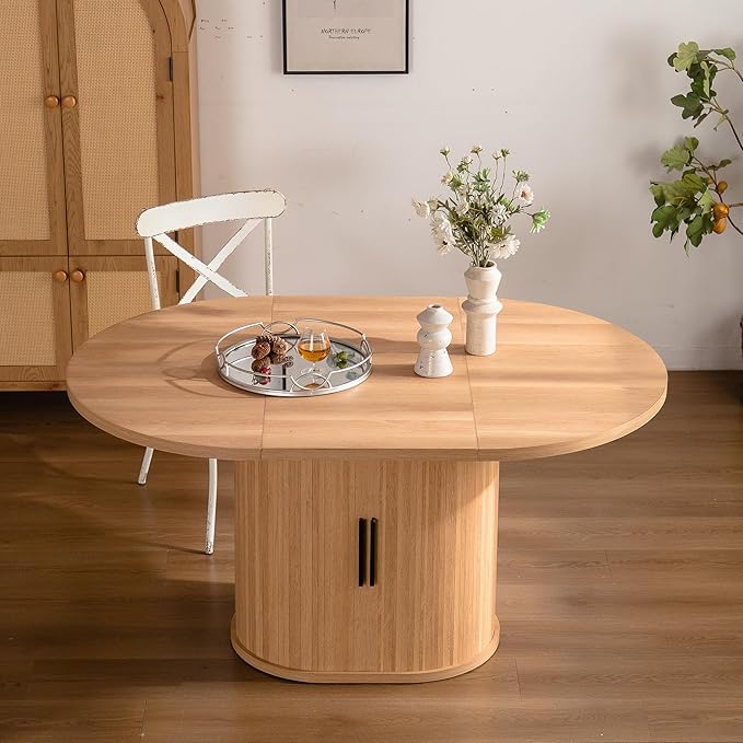 59 inch Oval Dining Table for 4-6 People, Modern Farmhouse Oval Kitchen Table with 2 Tier Storage Shelf, Sliding Cabinet Door, Space Saving Wooden Dinner Table for Kitchen Dining Room Living Room