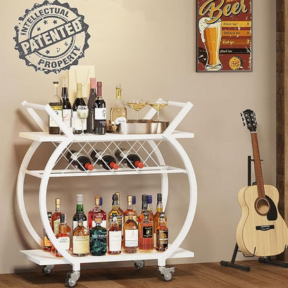 LVB White Bar Cart, Modern Rolling Serving Wine Cart with Storage, Industrial Wood Metal Kitchen Island Beverage Cart with Wheels, Microwave Drink Liquor Cart Table for Home Dining Living, White Oak
