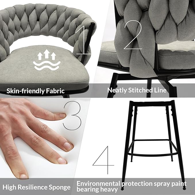 LUMISOL Bar Stool Set of 2, Golden Legs Bar Stools No Adjustable Kitchen Island Chairs Upholstered Bar Chair Counter Stool Arm Chairs with Back Footrest, Grey