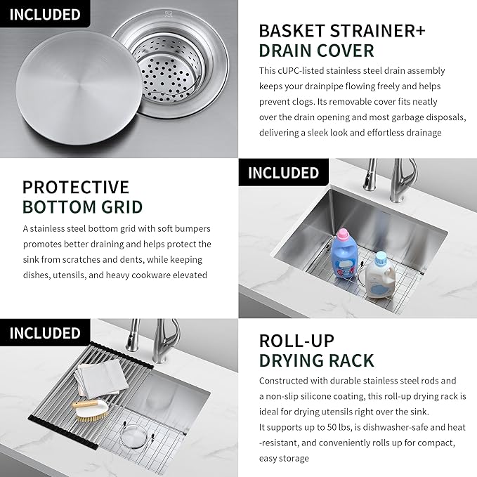 24-inch Undermount Laundry Utility Sink - SINKVINE 24x19x13 Extra Deep Stainless Steel Single Bowl Basin with Drain Strainer, Bottom Grid & Drying Unit for Laundry Room, Outdoor, Garage, Kitchen Use