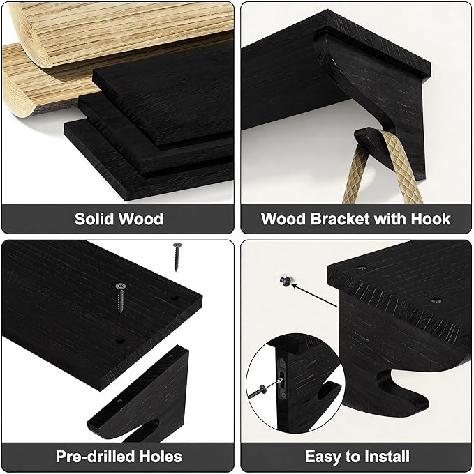 Alsonerbay Black Floating Shelves for Wall 3 Pack, 17 inch Solid Wood Shelves Wall Mount with Hook, Decorative Hanging Shelves for Bedroom Living Room Nursery Office and More