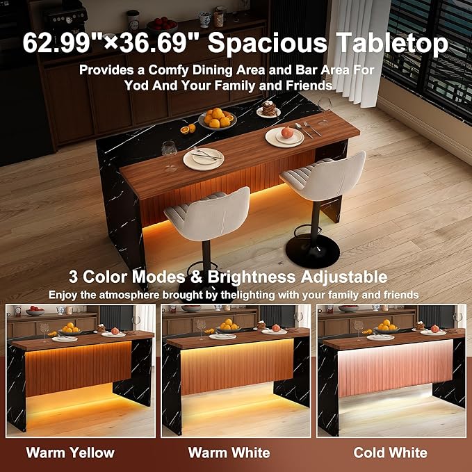 63" Kitchen Island Set with 2 Gray Bar Stools Black Marble Look, LED Lighting Grill for Dining Room, Open Concept Spaces, Lounge(2 Gray Bar Stools)