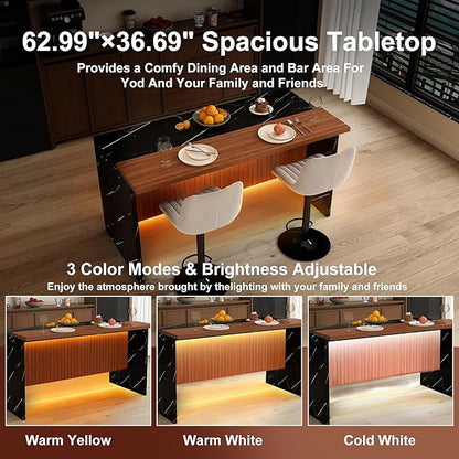 63" Modern Extendable Dining Table, Work Island with LED Lighting & Grill, Kitchen Island Table for Dining Room, Black+Gray