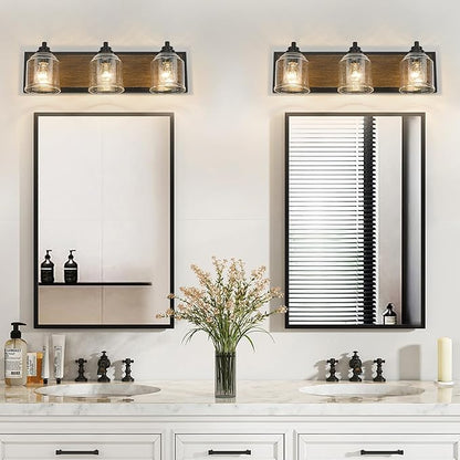 Vanity Lights for Bathroom Large 23", Farmhouse Rustic Vanity Light with Bubble Glass Shades, Brown 3 Light Bathroom Lighting Fixtures Over Mirror, Bath Wall Sconce Home Decor