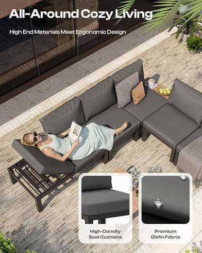 Aluminum Outdoor Patio Furniture Set, 4 Seats Modular Patio Sectional Sofa Set with Adjustable Backrest & Removable Cushions, All-Weather Outdoor Conversation Sets for Garden & Yard, Graphite