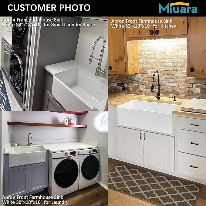 Miuara Farmhouse Sink 24 Inch - Small Apron Front Undermount Kitchen Sink Reversible 24"x18"x10", Farm House Style Single Bowl, Heavy Duty Solid Fireclay, Glossy White, for Kitchen & Laundry & Powder