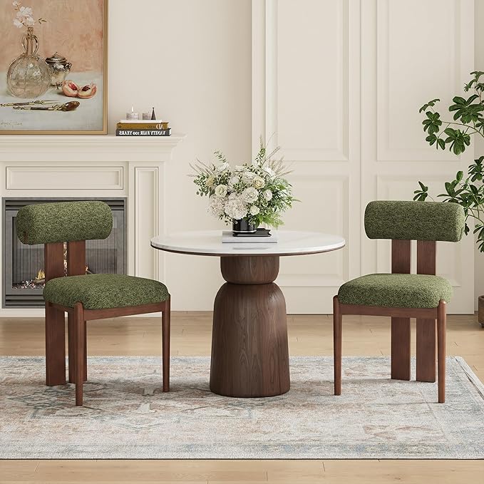 MALOL Modern Wooden Dining Chairs Set of 6, Upholstered Fabric Kitchen Chairs with Sculptural Backrest, Mid-Century Farmhouse Dining Room Chairs with Solid Wood Legs, Green