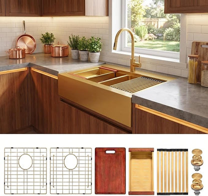 LQS Double Bowl Kitchen Sink, Undermount/Drop In Kitchen Sink, Double Bowl Stainless Steel Kitchen Sinks, 16 Gauge Stainless Steel Handmade Sinks (Gold, 36" x 22" x 10")