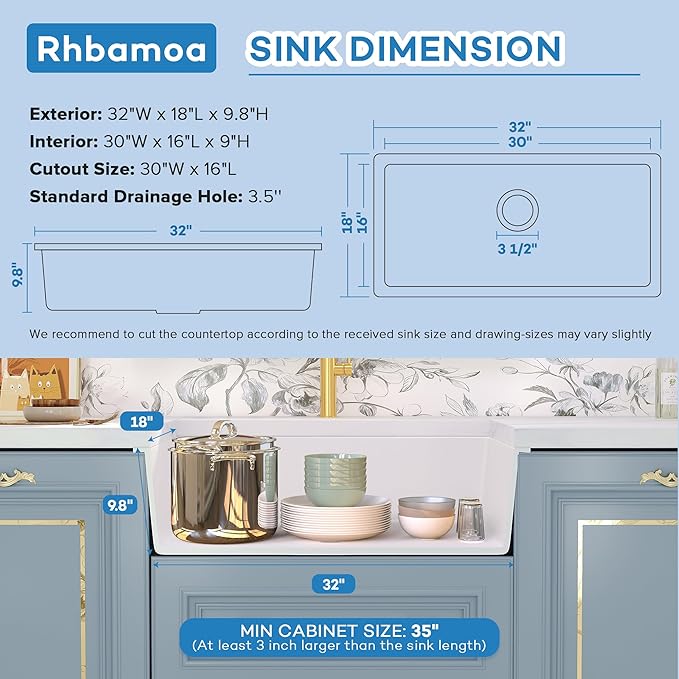 Rhbamoa 32 Inch White Undermount Kitchen Sink,White Granite Composite Kitchen Sink 32''x18'',10 Inch Depth Single Bowl Quartz Sinks with Accessories