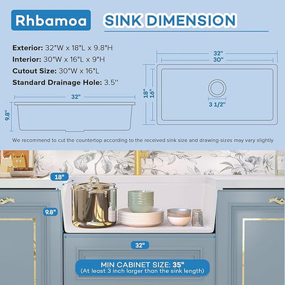 Rhbamoa 32 Inch White Undermount Kitchen Sink,White Granite Composite Kitchen Sink 32''x18'',10 Inch Depth Single Bowl Quartz Sinks with Accessories