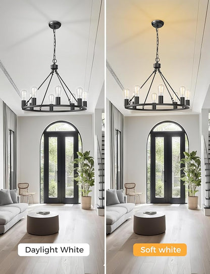 L LOHAS LED Black Farmhouse Chandeliers for Dining Room, 8-Light Wagon Wheel Chandelier Over Table, Height Adjustable, 24" Dining Room Light Fixtures, Modern Chandelier for Kitchen Island Living Room
