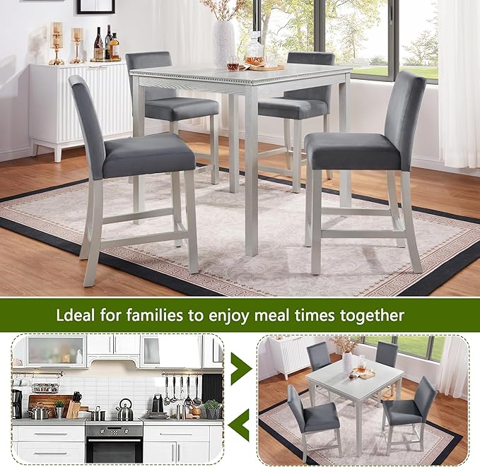 5 Piece Counter Height Table Set, Wooden Kitchen Table Set with Square Table and 4 Upholstered Chairs, Counter Height Dining Table with Crystal Decoration and Chair Set, Silver Grey
