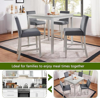 5 Piece Counter Height Table Set, Wooden Kitchen Table Set with Square Table and 4 Upholstered Chairs, Counter Height Dining Table with Crystal Decoration and Chair Set, Silver Grey