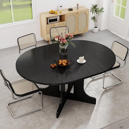 Zevemomo 43"-59" Extendable Dining Room Table for 4-6, Expandable Round Dining Table, Oval Tabletop with Trestle X-Shaped Base & Metal Track for Office, Living Room-Black