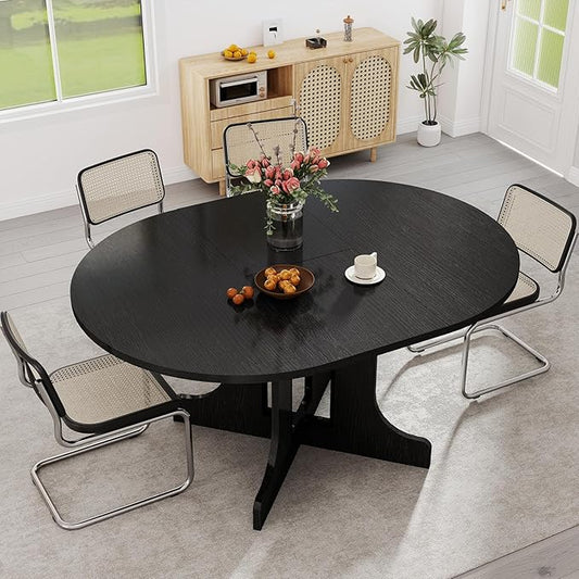 Zevemomo 43"-59" Extendable Dining Room Table for 4-6, Expandable Round Dining Table, Oval Tabletop with Trestle X-Shaped Base & Metal Track for Office, Living Room-Black