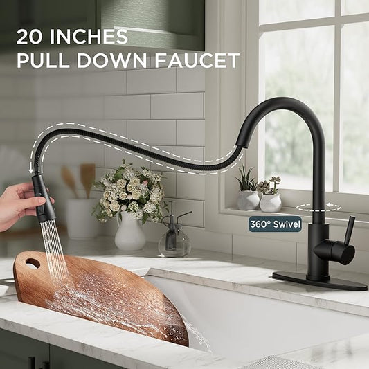 QFN Black Kitchen Faucet with Pull Down Sprayer, High Arc Single Handle Single Level Stainless Steel Pull Out Sink Faucet for Farmouse Camper RV Bar, Fit for 1 or 3 Hole