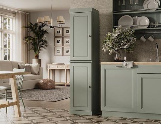 Palace Imports Solid Wood Kitchen Pantry - Narrow Storage Cabinet - Raised Panel Doors, Adjustable Shelves, Sage, 16.5" Wide x 71.5" Tall, 100% Eco-Friendly Wood, Modular Pantry Cabinet Systems