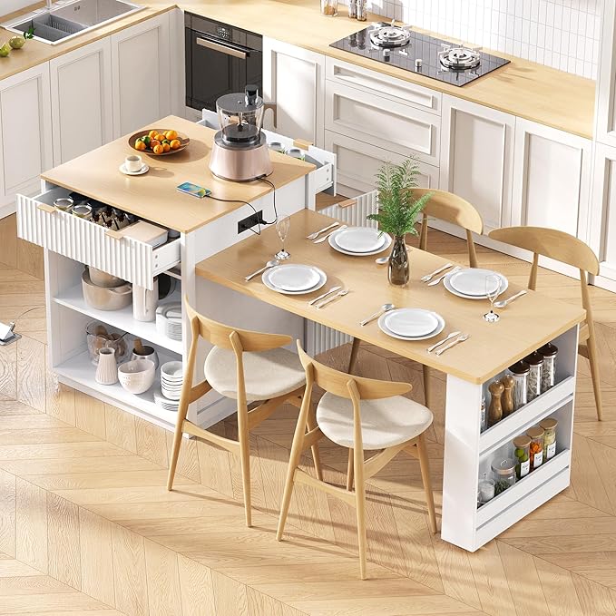 Polibi 82.6" Fluted Kitchen Island with Extendable Dining Table, for 4-6 Seating, Power Outlet (AC/USB/C), Double-Side Storage, 2 Drawers & Side Open Shelves, White