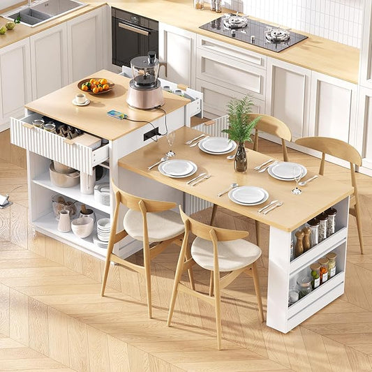 Polibi 82.6" Fluted Kitchen Island with Extendable Dining Table, for 4-6 Seating, Power Outlet (AC/USB/C), Double-Side Storage, 2 Drawers & Side Open Shelves, White