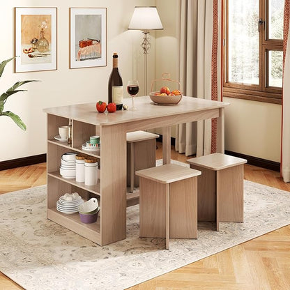 Dining Table Set for 4, Island Table for Kitchen with 3-Tier Shelves & 4 Stools, Wooden Kitchen & Dining Room Furniture, Dinette Set for Home, Restaurant, Bar, Bistro (Natural)
