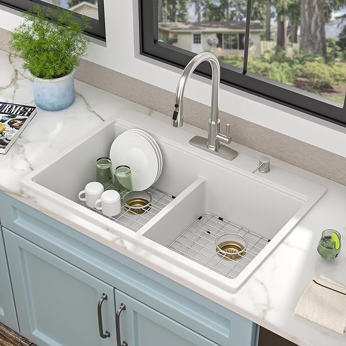 33 Granite Composite Kitchen Sink Double Bowl - Fulorni 33"x22" Granite Kitchen Sink White Ledge Workstation Drop in Topmount Double Bowl 50/50 Luxury Quartz Classic Above Counter Basin