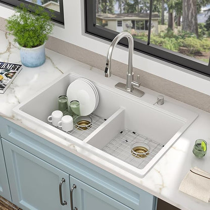 33 Granite Composite Kitchen Sink Double Bowl - Fulorni 33"x22" Granite Kitchen Sink White Ledge Workstation Drop in Topmount Double Bowl 50/50 Luxury Quartz Classic Above Counter Basin