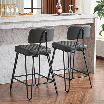 Bar Stools Set of 2, Counter Height Chairs with PU Leather Upholstery Metal Frame, Vintage Bar Chairs with Backrest Footrest for Kitchen Island, Dining Room, Home Bar, Grey