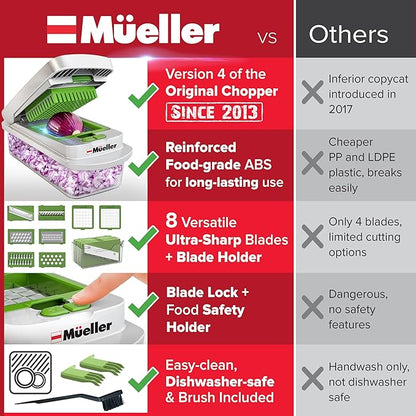Mueller Pro-Series 10-in-1, 8 Blade Vegetable Chopper, Onion Mincer, Cutter, Dicer, Egg Slicer with Container, French Fry Cutter Potato Slicer, Home Essentials, Salad Chopper White Sand/Green