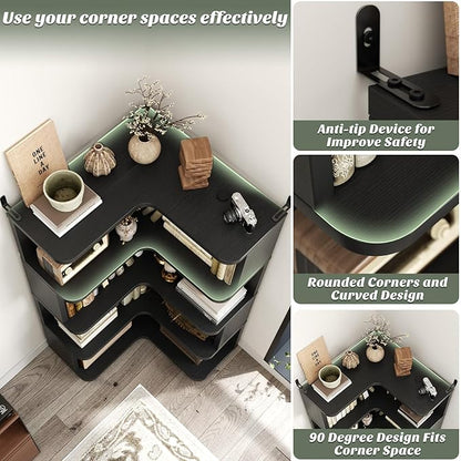 Armocity Corner Book Shelf - 5 Tier Corner Bookshelf Etagere Bookcase with Baffle, Freestanding L Shaped Display Shelf Stand for Home Office, Living Room, Bedroom, Kitchen, Black