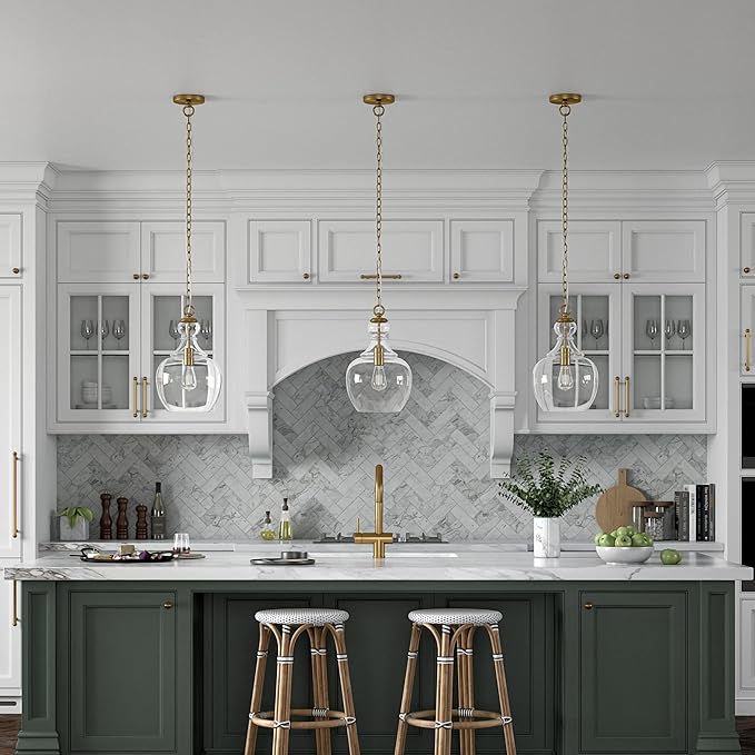 Henn&Hart 11" Mid-Century Modern Pendant Light Fixture with Clear Glass Dome Shade and 6' Adjustable Cord for Kitchen Island, Dining Room or Game Room, Brass
