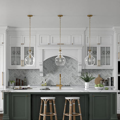 Henn&Hart 11" Mid-Century Modern Pendant Light Fixture with Clear Glass Dome Shade and 6' Adjustable Cord for Kitchen Island, Dining Room or Game Room, Brass