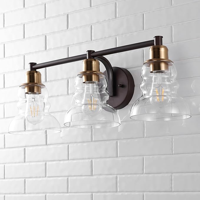 JONATHAN Y 25.5" Brass Gold/Oil Rubbed Bronze Modern Industrial Rustic 3-Light LED Vanity Light with Clear Glass Shade, Vintage Wall Sconce for Bathroom Kitchen Hallway, LED Bulb Included (JYL3546A)