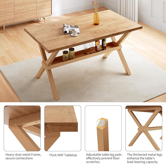 HIPIHOM 63" Dining Table with Storage Shelves, Crafted with MDF Desktop and Heavy Duty Metal Legs, Dining Sets for Kitchen & Dining Room Furniture, Small Spaces