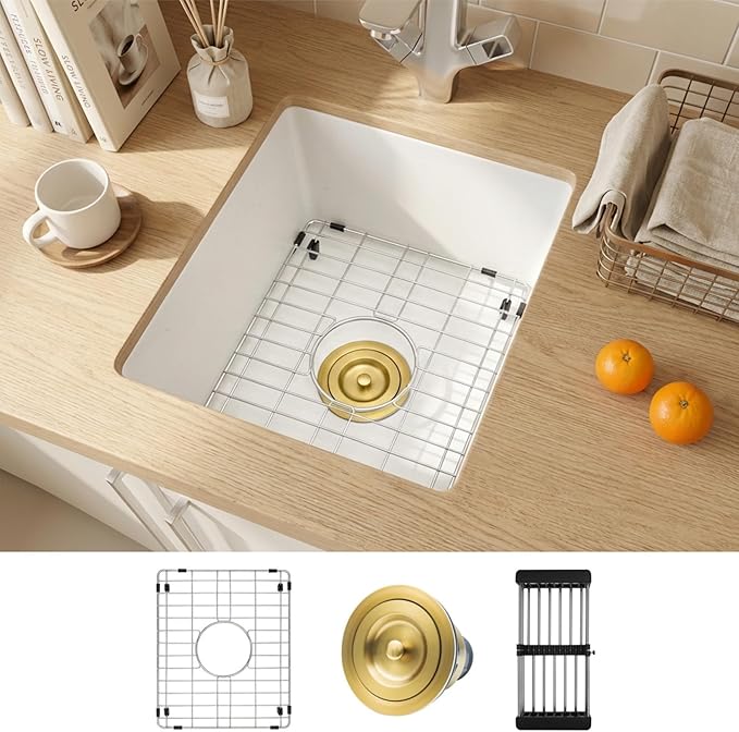 MILOSEN White Undermount Bar Sink, 13×15 Inch Small White Wet Bar or Prep Sink, 9 Inch Deep Granite Composite Outdoor Single Bowl Basin with Accessories, Small Quartz Sinks