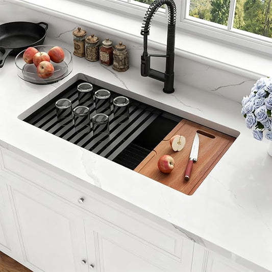 Kitsitchen Black Undermount Kitchen Sink 33 X 18 Inch,16 Gauge Stainless Steel Workstation Sinks with Abundant Accessories,33 Inch Large and Deep Single Bowl Kitchen Sinks,Modern&Offset Drain Design
