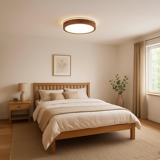 LED Ceiling Light Fixture 15.74, Handcrafted Walnut Wood Modern Wabi-Sabi Style, 42W LED 3000K-4000K-6000K, Low Profile Lamp for Bedroom Kitchen Hallway Dining