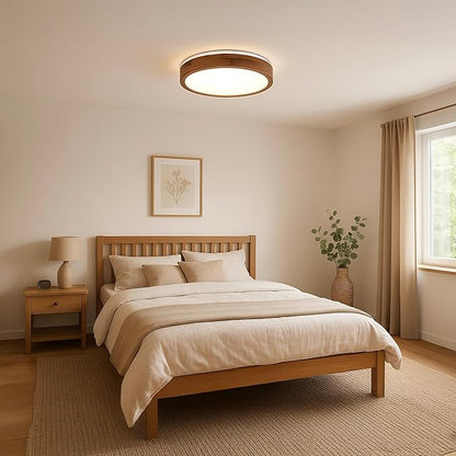 LED Ceiling Light Fixture 15.74, Handcrafted Walnut Wood Modern Wabi-Sabi Style, 42W LED 3000K-4000K-6000K, Low Profile Lamp for Bedroom Kitchen Hallway Dining