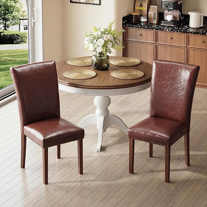 COLAMY Upholstered Parsons Dining Chairs Set of 4, PU Leather Dining Room Kitchen Side Chair with Nailhead Trim and Wood Legs - Light Brown